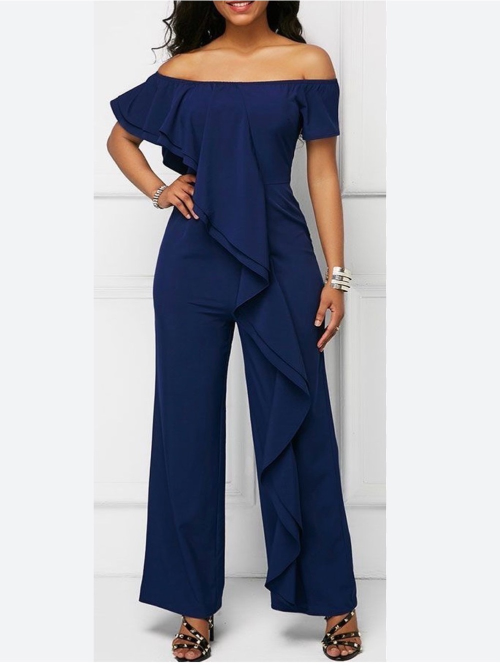 Badgley Mischka Evening One-Shoulder Jumpsuit Crepe Ruffle Navy Blue Size 4